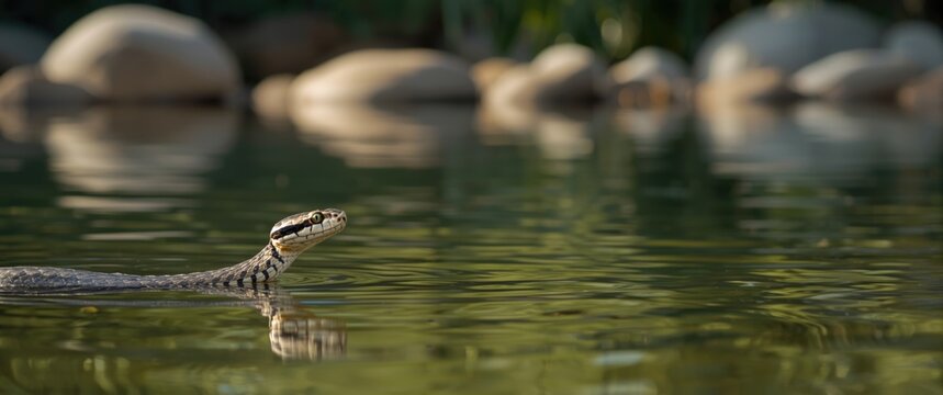 Prey-hunting water snake in water, showcasing stripes and natural patterns, with eyes open in its environment