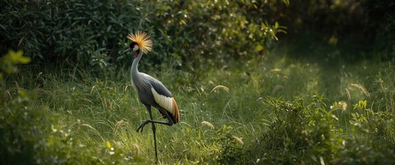 Obraz premium Green surroundings with a grey crowned crane (Balearica regulorum)