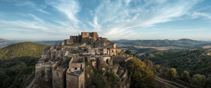 Aerial shot of the forsaken village of Craco located in Basilicata, Italy
