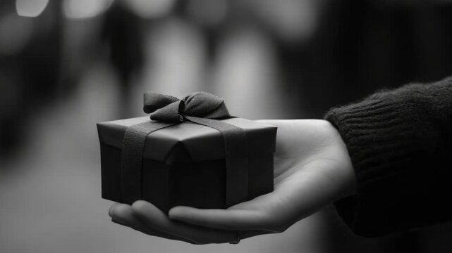 A person's hand holding a wrapped gift box with a bow. The background is blurred and indistinct.