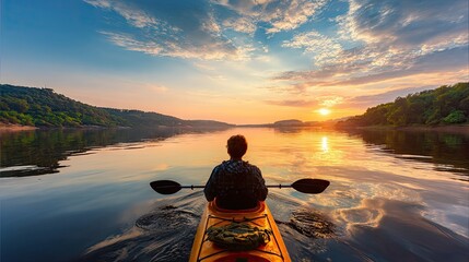 Kayaker on calm water at sunset scenic view with dramatic sky