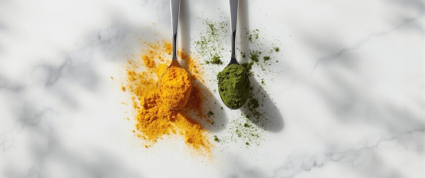 Table with banner of ginger, turmeric powder, and Hawaiian spirulina in tablespoons on a white marble surface