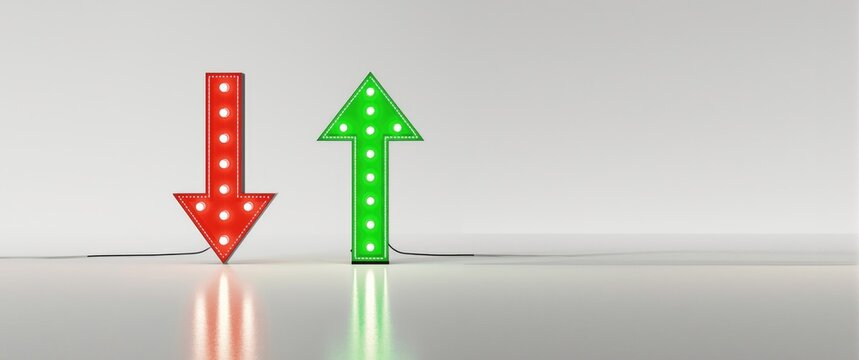 Vintage retro arrows with light bulbs showing pros and cons, red down and green up, isolated on white background