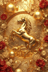 Fototapeta premium High-Gloss Gold Horse with Peonies Traditional Asian Design