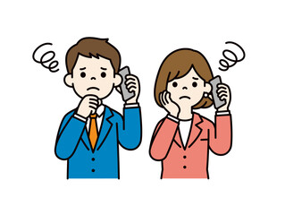 困った表情でスマホで話す・通話する、若い男女のビジネスパーソンのベクターイラスト素材セット