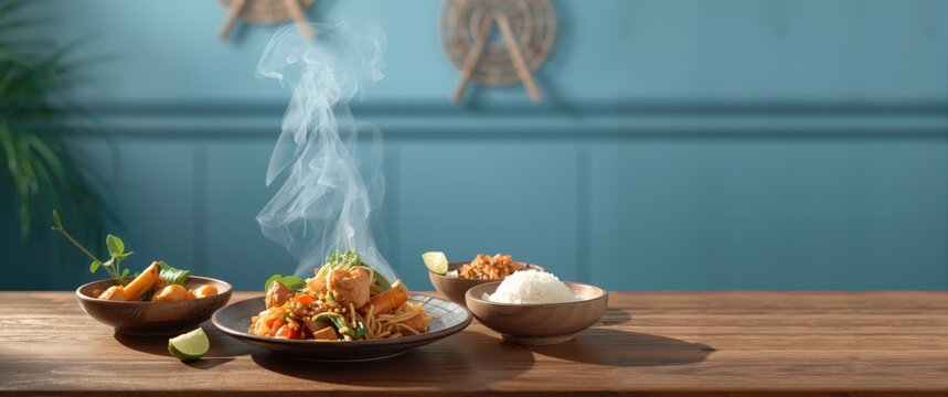 Thailand style Thai food showcasing local cuisine background in a summer restaurant with wood and white decor, blue highlights, chicken dishes, and cooking activities