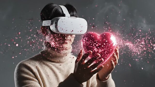 Man wearing VR headset interacting with a glowing digital heart. Virtual reality love and romance concept. Metaverse dating and futuristic technology with sparkling particles