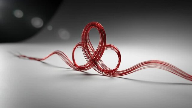 Abstract red wire art installation on a white surface, creating a visually striking design.