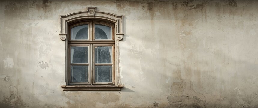 Classic wooden window aged and slightly dirty, with textured background, vintage style, wood frame, and building wall details