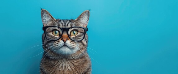 Funny meme of a cute cat with myopia glasses squinting close-up on blue wall background