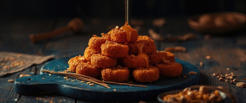 Delicious Peruvian sweet treat picarones made with pumpkin and sweet potato dough accompanied by honey sugarcane sauce on a blue table