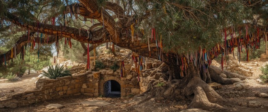 Giant Terebinth tree above the ancient Agia Solomonis catacomb with branches decorated with vibrant rags and cloth pieces left as offerings to Saint Solomoni in Paphos, Cyprus