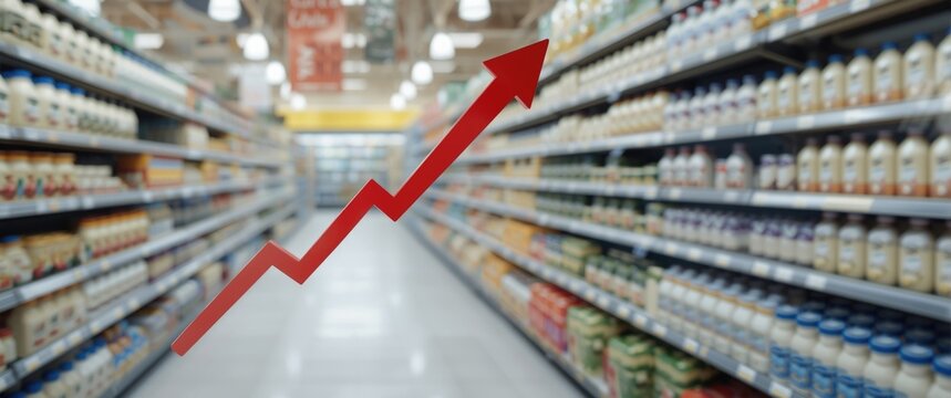 Grocery Store Display Featuring 3D Red Upward Arrow on Dairy Shelves - Retail Industry, Discount, and CPI Bar Charts
