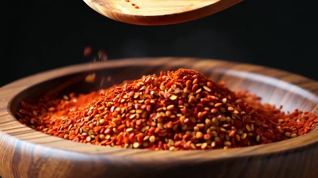 Vibrant red spices cascade from a wooden scoop into a smooth wooden bowl, adding a dynamic, flavorful element to any cooking or culinary design. perfect for culinary blogs, kitchen decor, or recipe bo