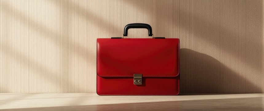 Close-up of a red briefcase featuring a black handle positioned against a wall