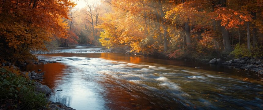River during fall showcasing vibrant tree and leaf colors