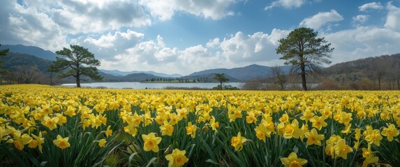 Fototapeta premium Gurye's Jirisan Cheeseland Showcasing Daffodil Flowers in a Yellow Garden