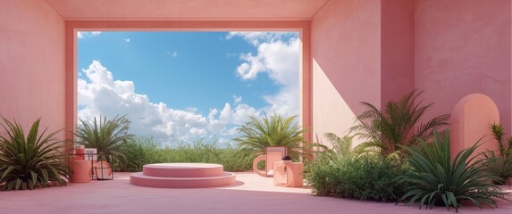 Fototapeta premium Summer scene with minimal design, pink interior backdrop, sky, and summer flora, highlighted by abstract geometric shapes in pastel pink