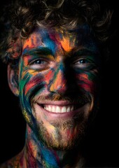 Obraz premium Portrait of man smiling face covered in colors