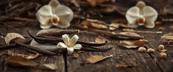 Fototapeta premium Dried vanilla pods with flower on wooden background