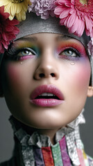 Surreales portrait mit stilisierter Person und starkem Fokus auf Emotionen. Klare Farben, reduzierte Formen und bewusst k&uuml;nstliche &Auml;sthetik