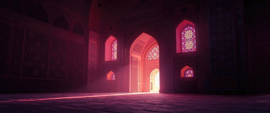 Inside the Nasir al-Mulk Mosque (Pink Mosque) during morning hours in Shiraz, Iran, where sunlight at 8 am filters through stained glass, casting a pink glow inside