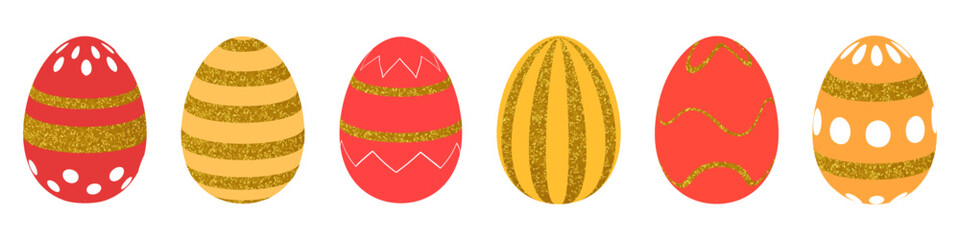 Easter eggs with golden glitter texture and decorative patterns. Bright festive holiday elements for spring design, greeting cards, posters, packaging, banners, and seasonal backgrounds.