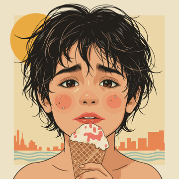 Young boy eating ice cream with flushed cheeks by the seaside  