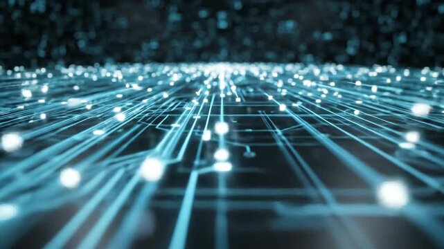 Abstract digital circuit board illustration with glowing lines and dots