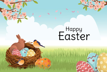 Fototapeta premium An egg hunt in the yard. A beautiful garden with a composition with a nest of Easter eggs and a chocolate bunny. Easter eggs. An Easter card. A postcard with space for text.
