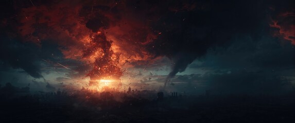 Obraz premium Dramatic end-of-world backdrop - judgment day, asteroid impact, dark red clouds, stormy sky, hell tornado