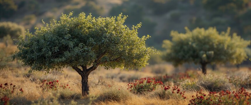Pistacia lentiscus on a springtime xerothermic grassland in the Peloponnese featuring floral and green foliage