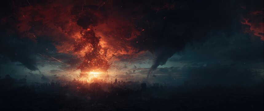 Dramatic end-of-world backdrop - judgment day, asteroid impact, dark red clouds, stormy sky, hell tornado
