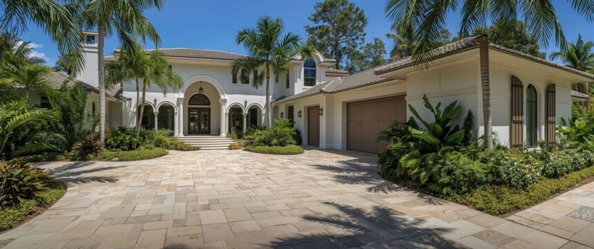 Stunning Pinecrest home in Miami Dade showcasing a grand entrance with cement and stone floors, tropical plants, windows, outdoor furniture, and white walls against a blue sky backdrop