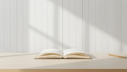 Sketchbook placed on table against white wooden surface, serving as a workspace for artistic ideas, minimalist scene, World Art Day
