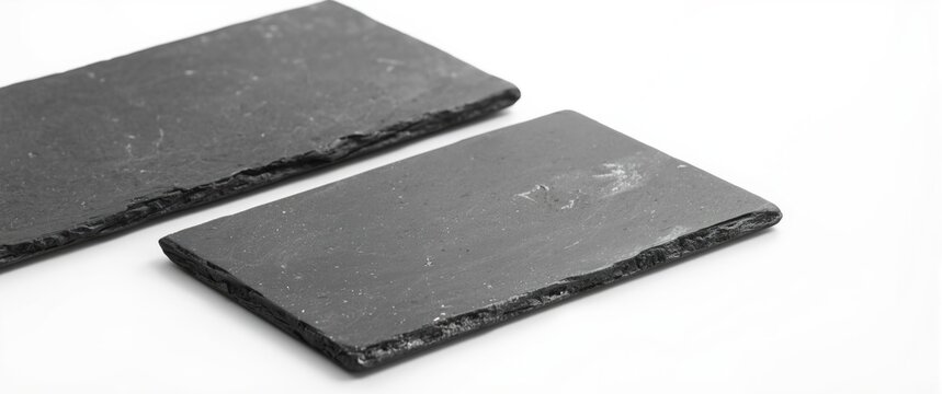 Empty slate plate isolated against white background. Kitchen stone tray made of black granite in rectangle shape.