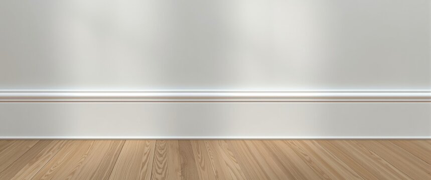 Neatly stacked white vinyl baseboards and trim pieces rest against a wall, awaiting installation in a room with wooden flooring