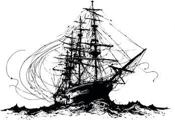 Graphic drawing of a sailing ship with stylized wind swirls © SvitlanaTsyvinda