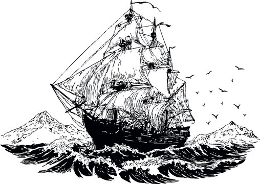 Detailed line drawing of a sailing ship on waves with mountains
