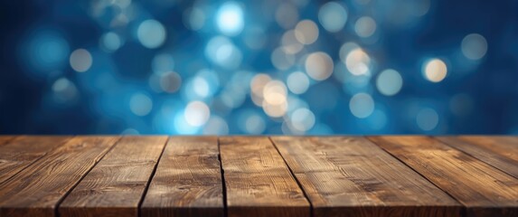 Wooden desk set against a blue background with blurred lights