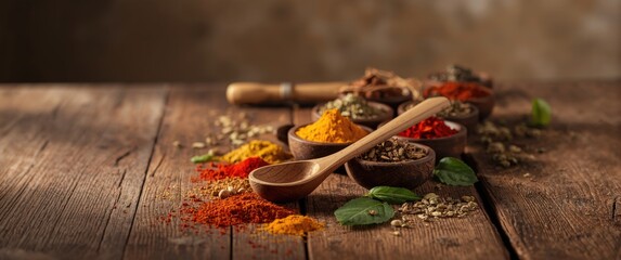Variety of spices paired with a handmade wooden spoon for food photography