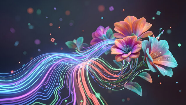 A vibrant digital illustration of colorful flowers with neon lines and dots on a dark background
