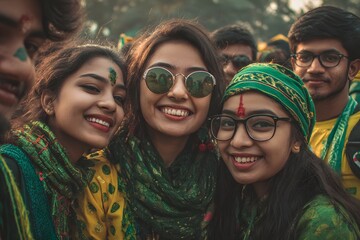 Group portrait people wearing green enjoying festival together