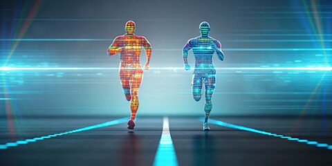 Futuristic runners depicted as digital figures in motion, illustrating speed and technology on a sleek, illuminated track.