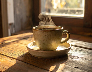 Rustic coffee cup on a wooden windowsill in morning light