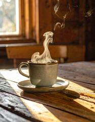 Rustic coffee cup on a wooden windowsill in morning light