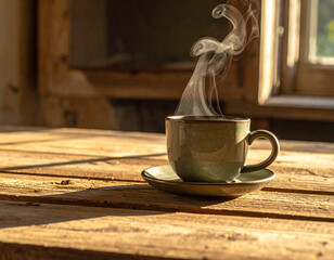 Rustic coffee cup on a wooden windowsill in morning light