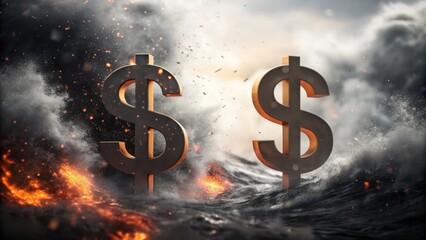 Metallic dollar signs are surrounded by violent waves, symbolizing the clash between wealth and nature&rsquo;s power.