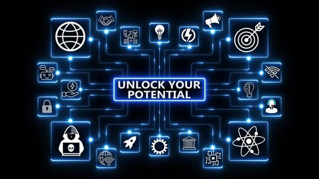 Personal growth and capability development concept encouraging self improvement, motivation and progress within a digitally connected professional environment unlock your potential