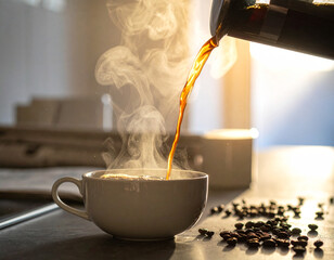 Steaming coffee mug on a wooden desk with laptop and notebook